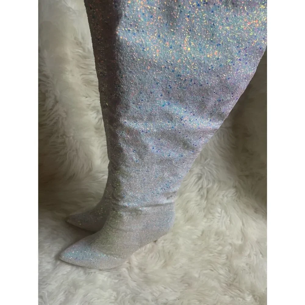 Pleaser Courtly 3015 synthetic white Iridescent glitter over the knee boots SZ13